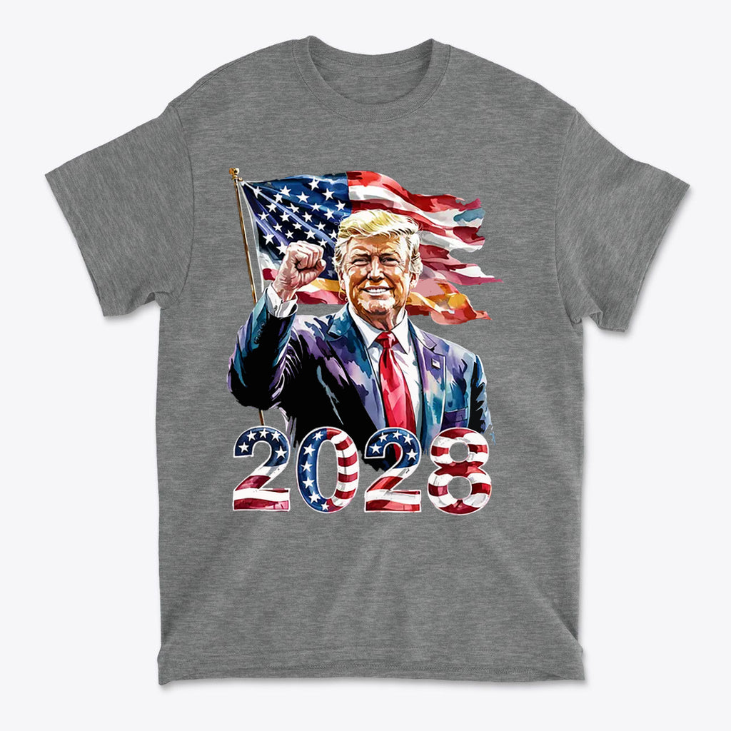 Trump 2028 Raised Fist Print Tee featuring patriotic design with American flag and bold '2028' text.