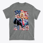 Trump 2028 Raised Fist Print Tee featuring patriotic design with American flag and bold '2028' text.