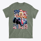Trump 2028 Raised Fist Print Tee featuring Trump with an American flag and bold '2028' design.
