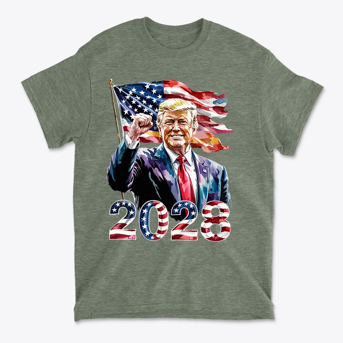 Trump 2028 Raised Fist Print Tee featuring Trump with an American flag and bold '2028' design.