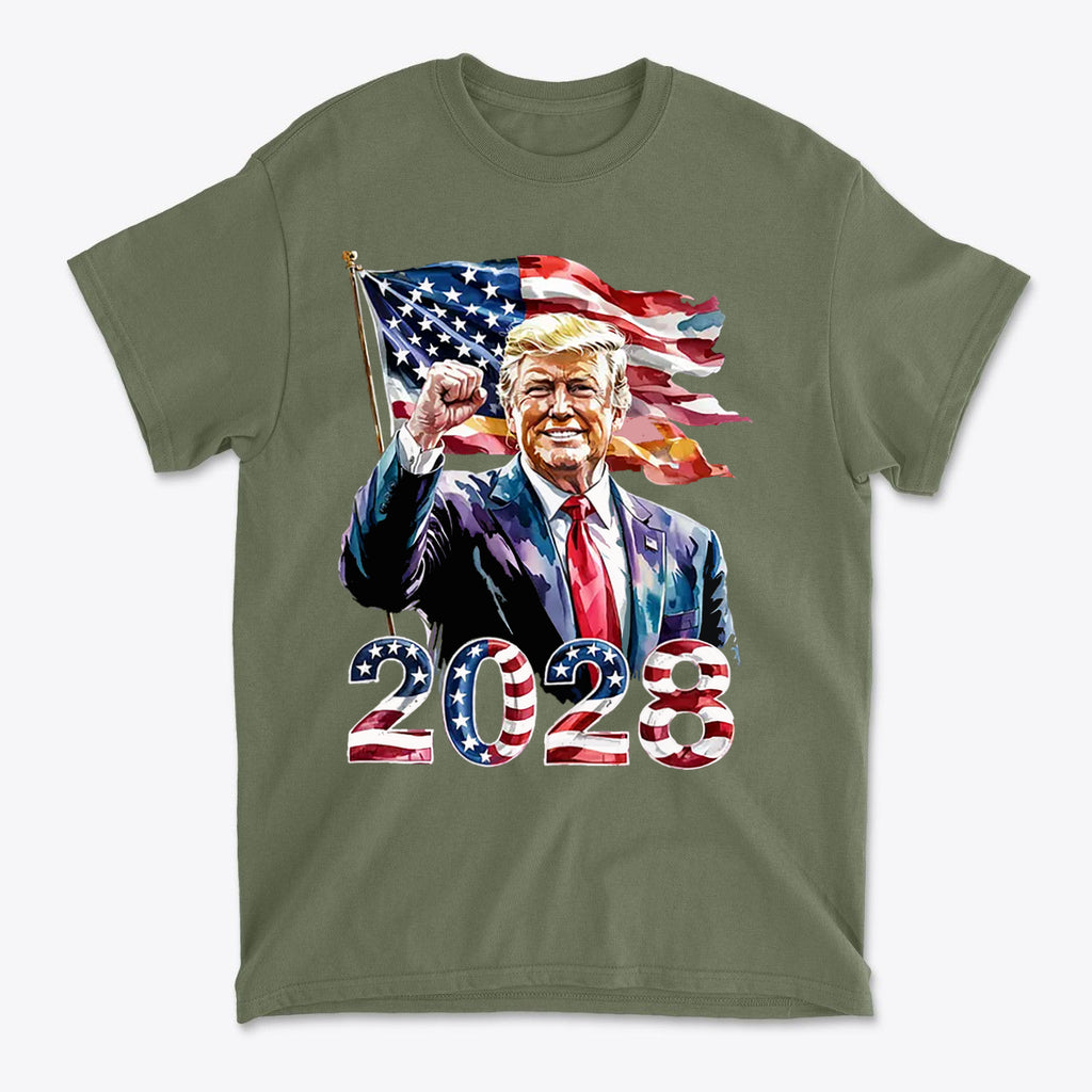 Trump 2028 Raised Fist Print Tee with American flag design and bold 2028 lettering.