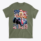 Trump 2028 Raised Fist Print Tee with American flag design and bold 2028 lettering.