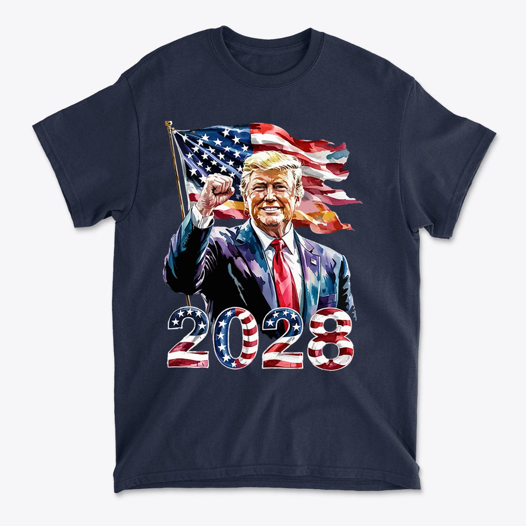 Trump 2028 Raised Fist Print Tee featuring a graphic of Trump with American flags