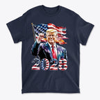 Trump 2028 Raised Fist Print Tee featuring a graphic of Trump with American flags