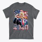 Trump 2028 Raised Fist Print Tee featuring Donald Trump with American flag and 2028 in patriotic colors.