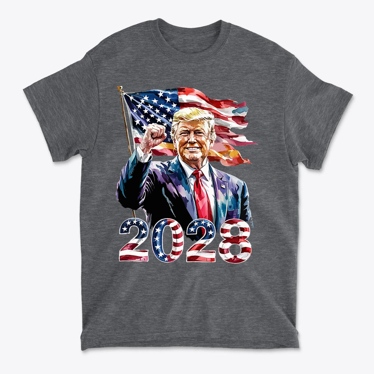 Trump 2028 Raised Fist Print Tee featuring Donald Trump with American flag and 2028 in patriotic colors.