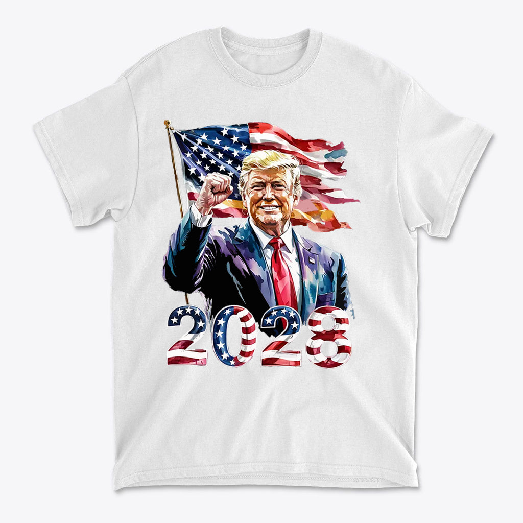 Trump 2028 Raised Fist Print Tee featuring patriotic design with flag and bold '2028' lettering.