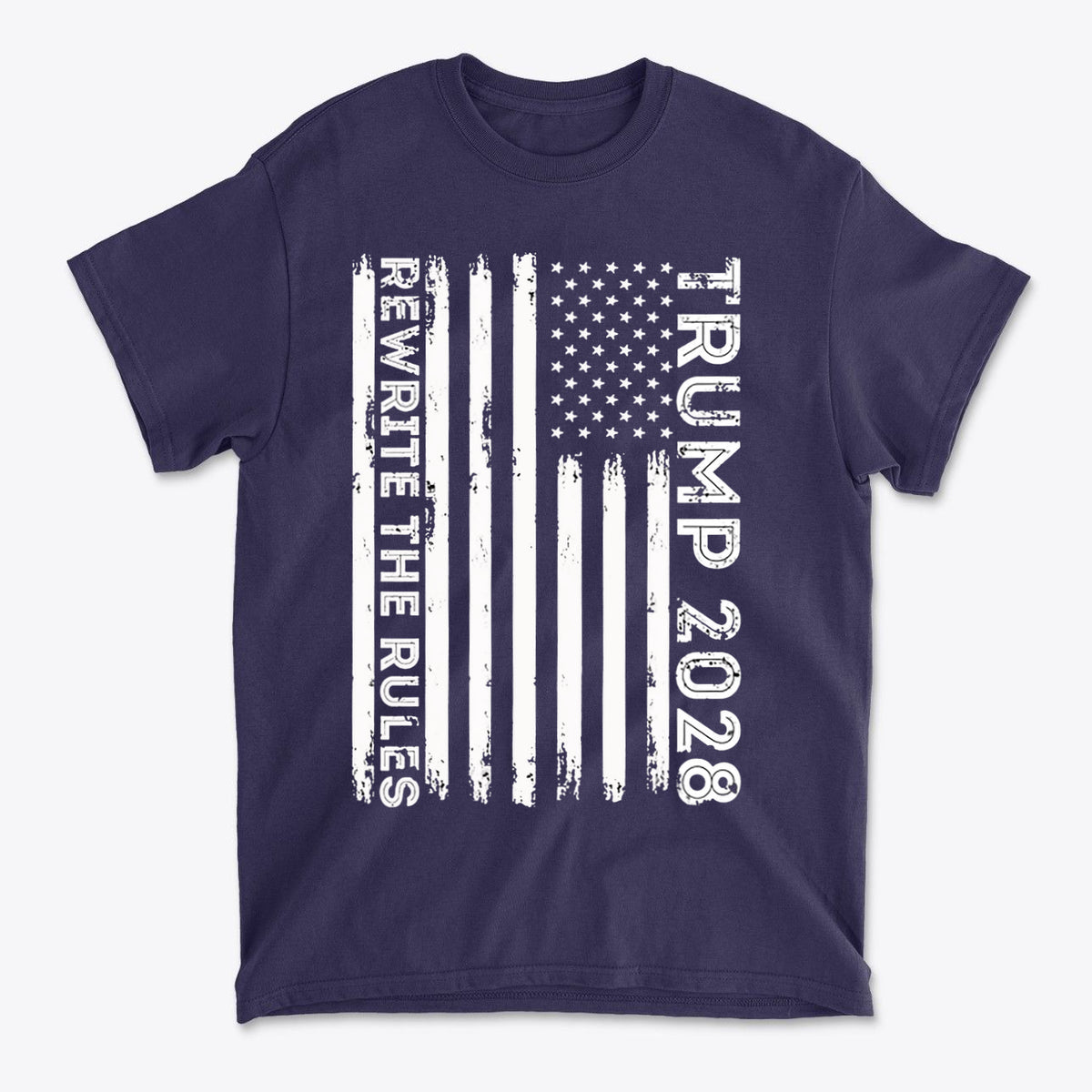 Trump 2028 Rewrite The Rules On Vertical American Flag navy t-shirt with distressed design.