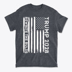 Trump 2028 Rewrite The Rules On Vertical American Flag graphic t-shirt design with distressed flag.