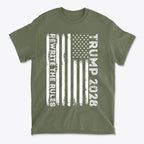 Trump 2028 Rewrite The Rules On Vertical American Flag t-shirt design featuring distressed American flag pattern.