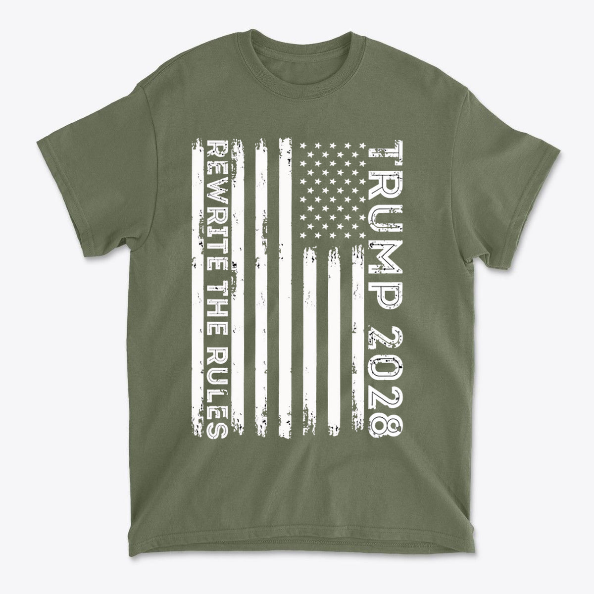Trump 2028 Rewrite The Rules On Vertical American Flag t-shirt design featuring distressed American flag pattern.