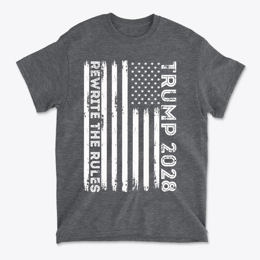 Trump 2028 Rewrite The Rules On Vertical American Flag graphic t-shirt design with distressed flag pattern.