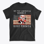 We The American People Have Spoken black t-shirt featuring American flag and Donald Trump graphic design.
