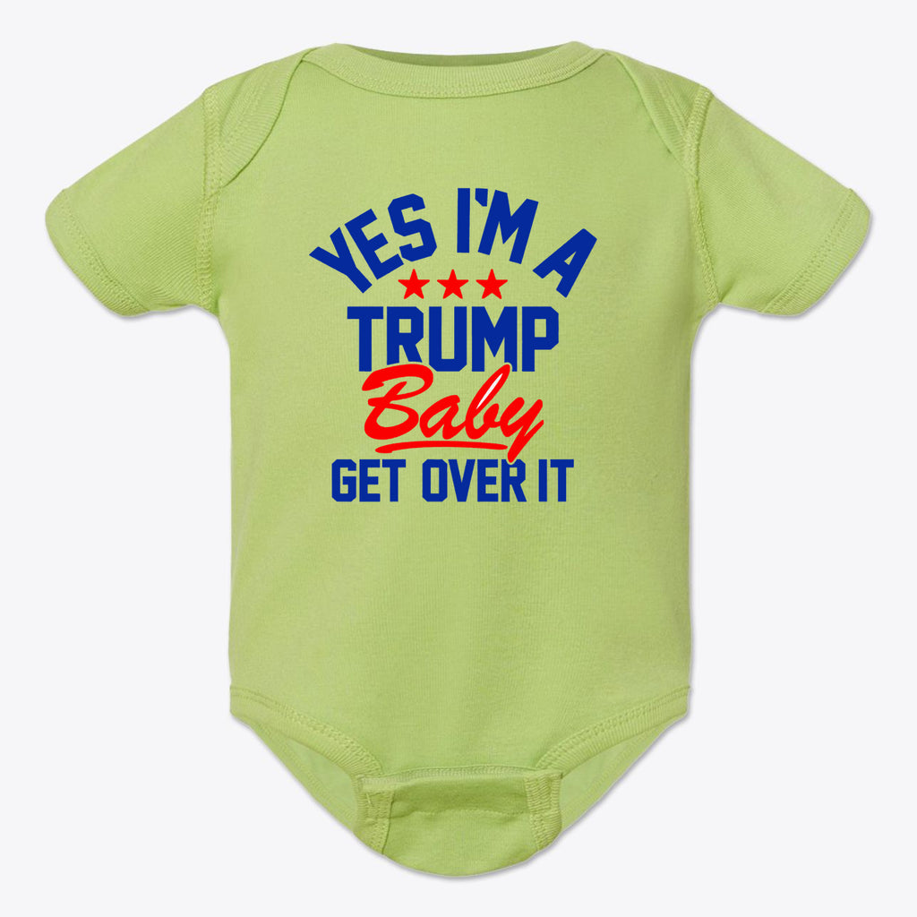 Yes I am A Trump Baby Onesie Art in green with bold lettering and graphics, perfect for patriotic parents.