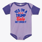 Yes I am A Trump Baby Onesie Art featuring purple and blue design with patriotic theme and bold lettering.