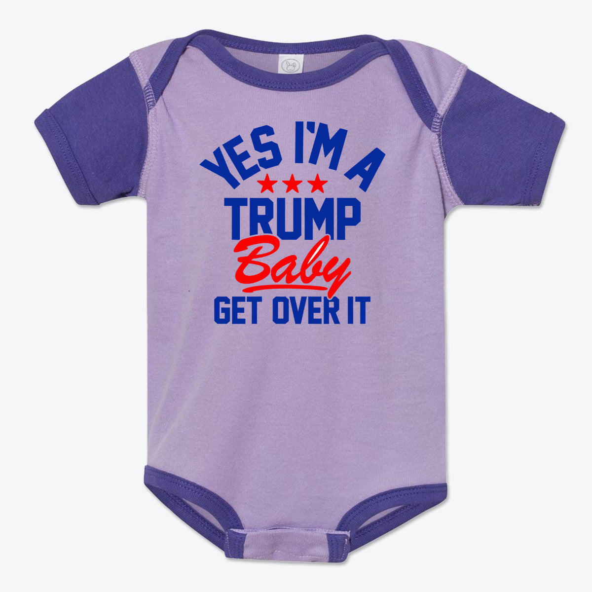 Yes I am A Trump Baby Onesie Art featuring purple and blue design with patriotic theme and bold lettering.