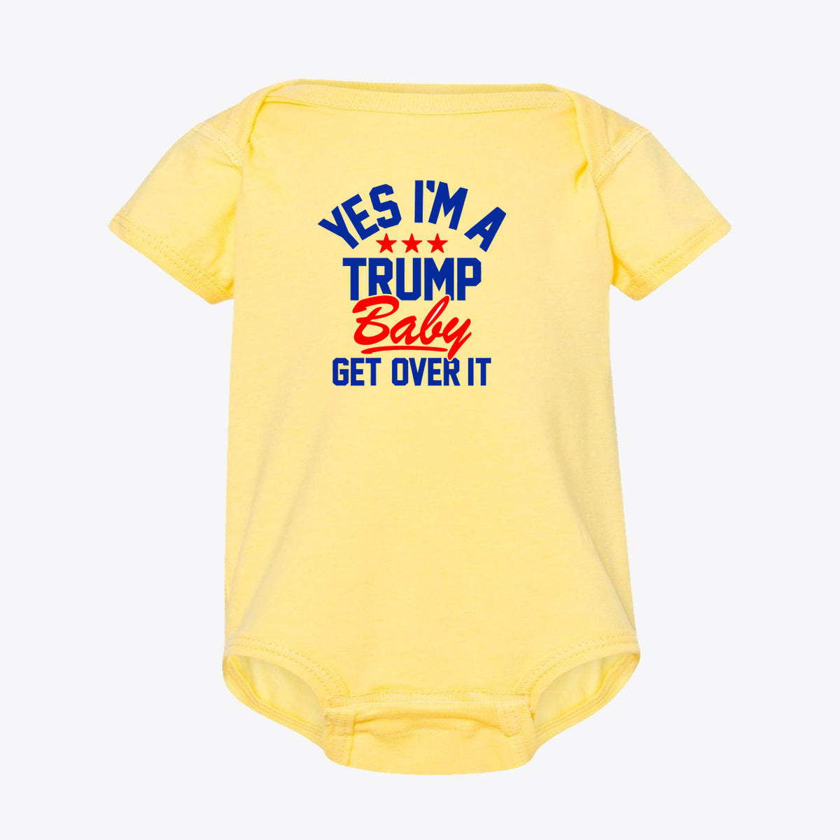 Yes I am A Trump Baby Bodysuit Art in yellow with vibrant print designed for patriotic infants.