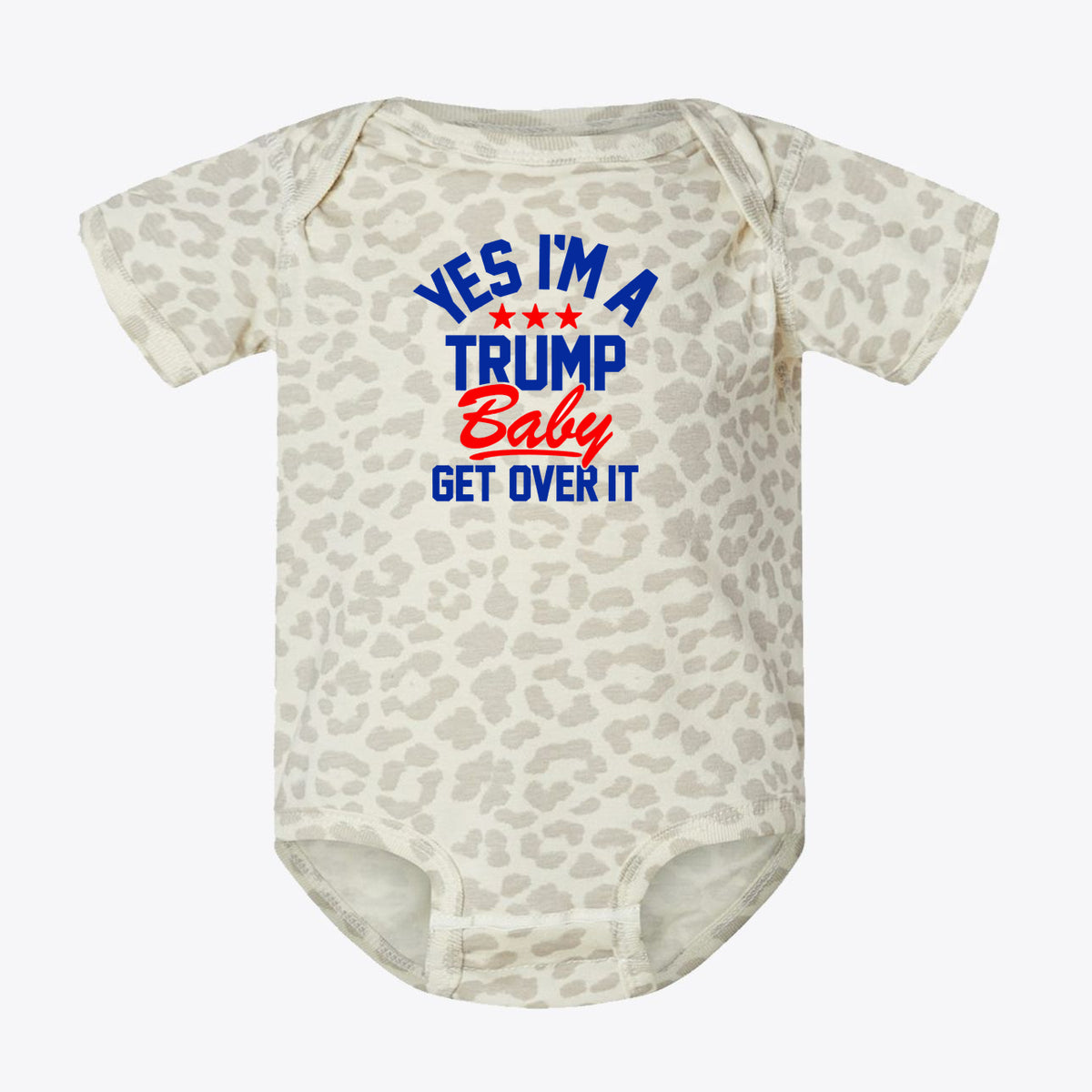 Yes I am A Trump Baby Bodysuit Art featuring leopard print with red and blue text design.