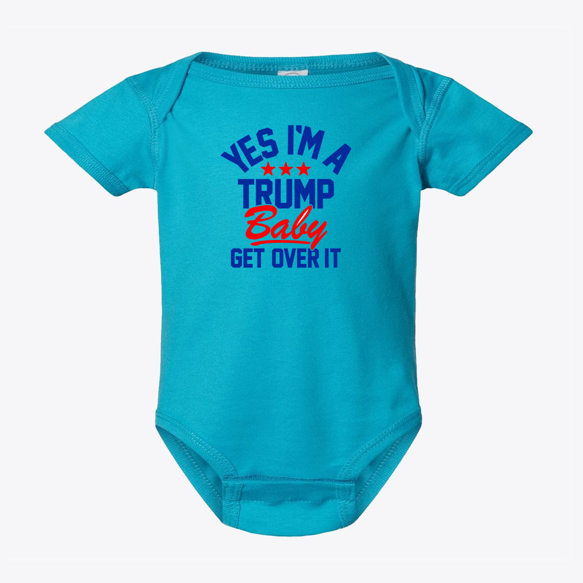 Yes I am A Trump Baby Bodysuit Art in vibrant blue with bold text and stars for patriotic parents.