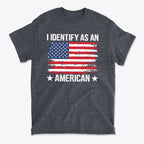 I Identify As An American Apparel t-shirt featuring an American flag design in red, white, and blue.
