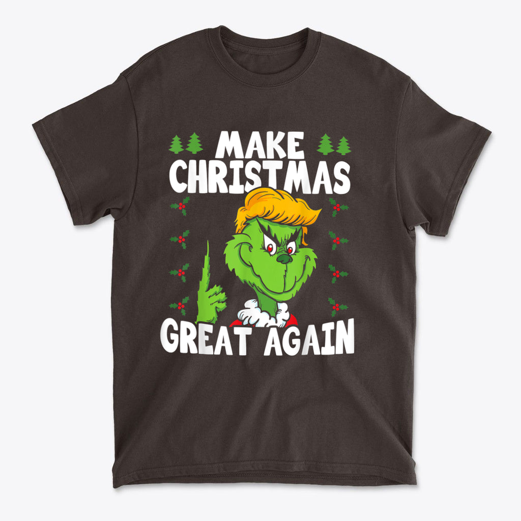 Make Christmas Great Again With The Grinch graphic t-shirt featuring a green character and festive design.