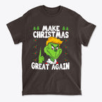 Make Christmas Great Again With The Grinch graphic t-shirt featuring a green character and festive design.
