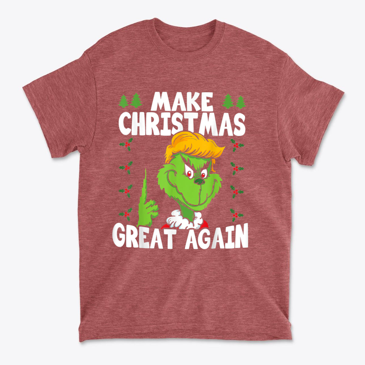 Make Christmas Great Again With The Grinch graphic t-shirt featuring a playful green character and holiday motifs.