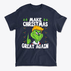 Make Christmas Great Again With The Grinch graphic t-shirt featuring a playful Grinch design on navy background.