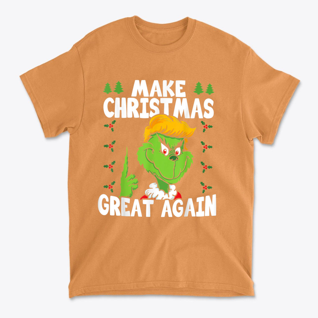 Make Christmas Great Again With The Grinch premium graphic t-shirt featuring a playful design and festive colors.