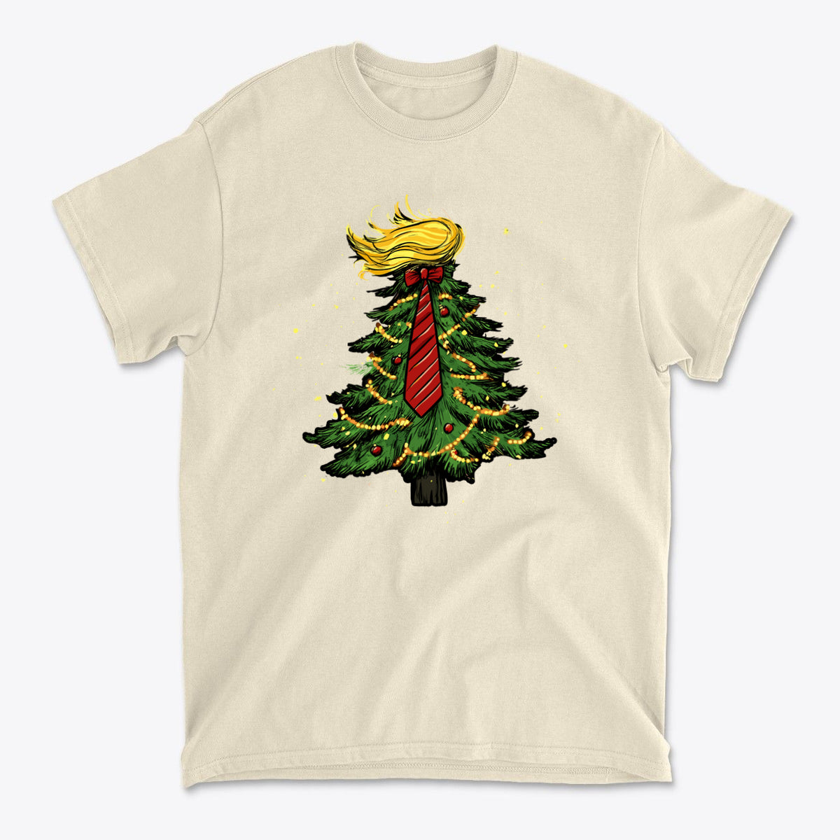 Trump Christmas Tree Decor Item featuring a graphic of a Christmas tree with a blonde hairstyle and tie.
