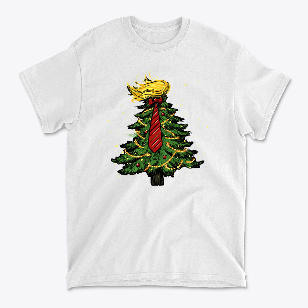 Trump Christmas Tree Decor Item featuring a festive graphic of a Christmas tree with a tie and blonde hair