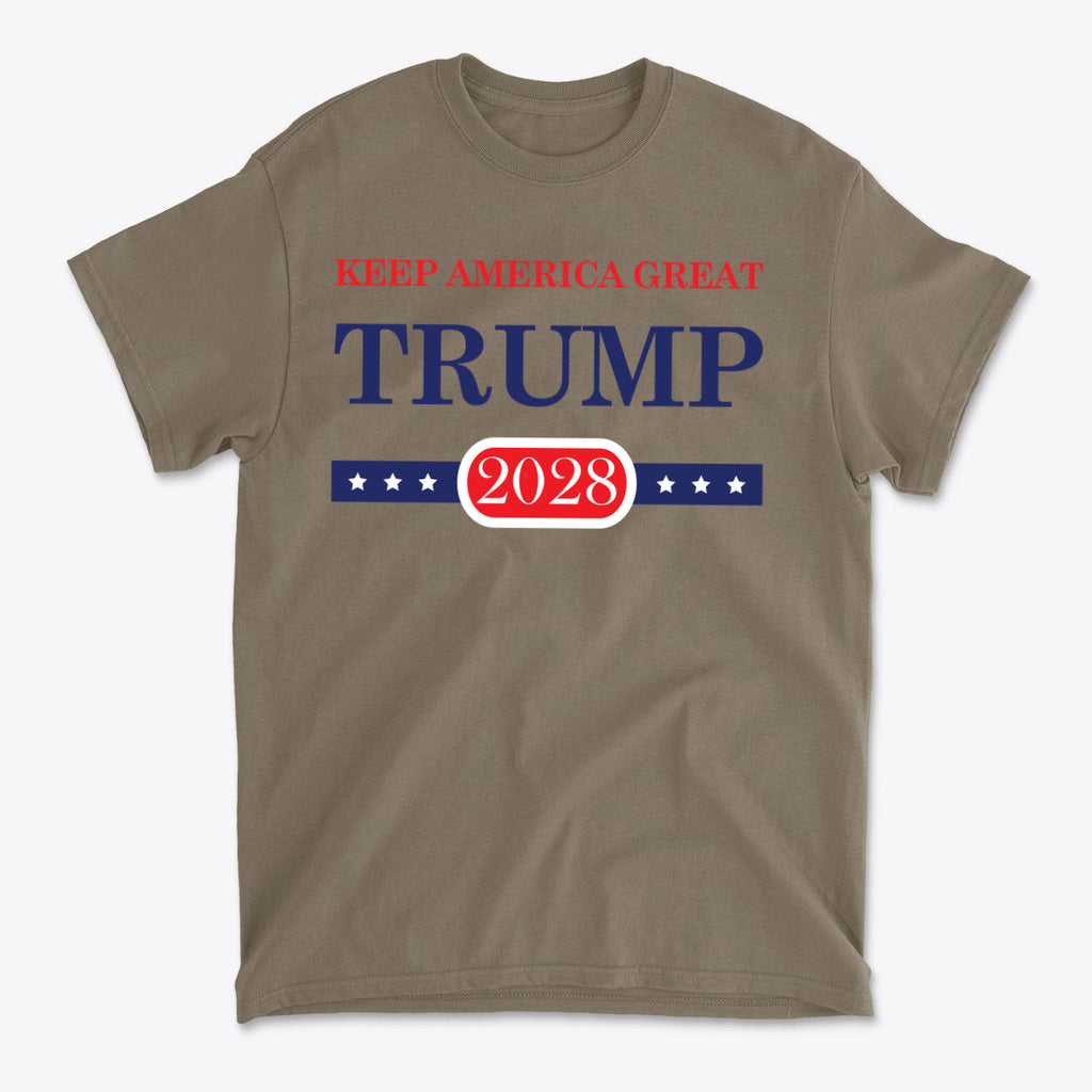 Support Trump Keep America 2028 graphic t-shirt featuring patriotic design with bold text and stars.