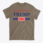 Support Trump Keep America 2028 graphic t-shirt featuring patriotic design with bold text and stars.