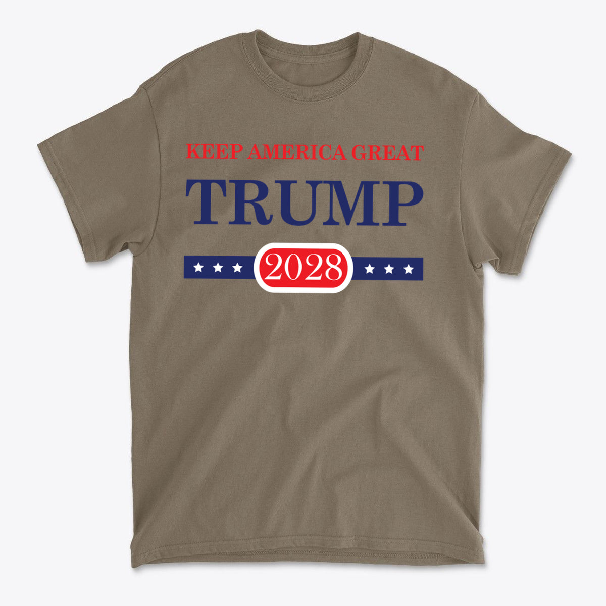 Support Trump Keep America 2028 graphic t-shirt featuring patriotic design with bold text and stars.
