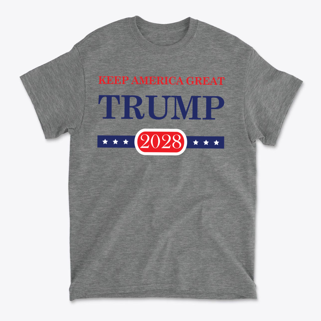 Support Trump Keep America 2028 graphic t-shirt in gray, featuring patriotic design with stars and bold text.