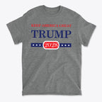 Support Trump Keep America 2028 graphic t-shirt in gray, featuring patriotic design with stars and bold text.