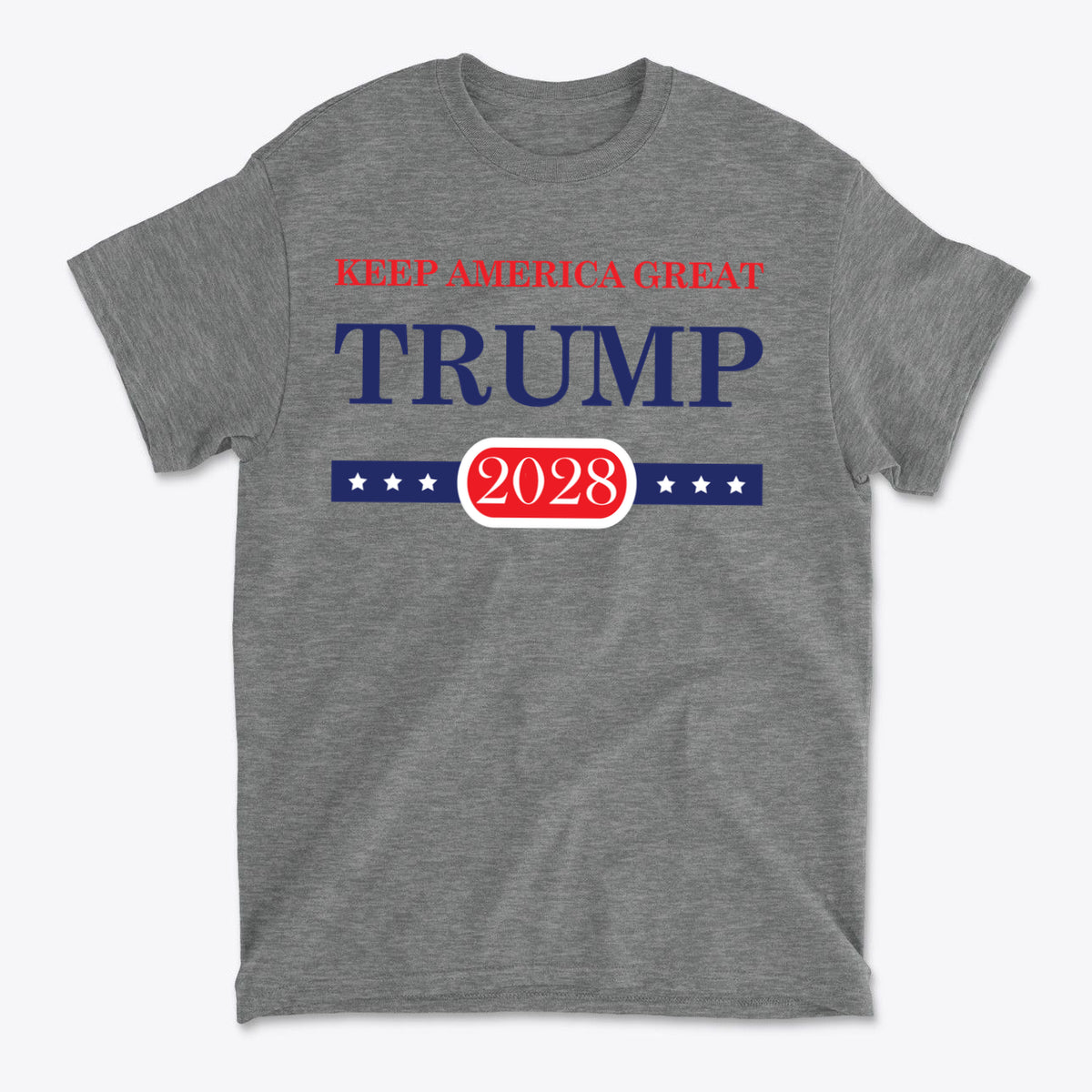 Support Trump Keep America 2028 graphic t-shirt in gray, featuring patriotic design with stars and bold text.