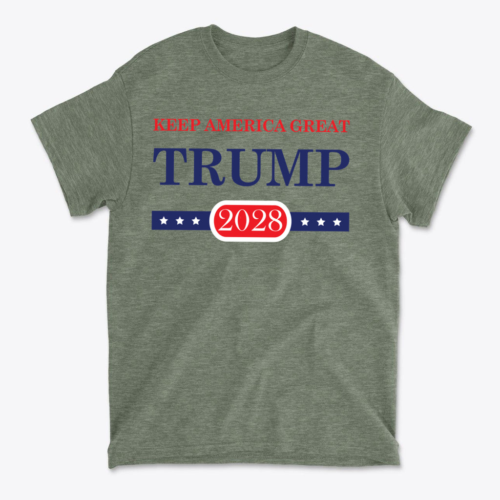 Support Trump Keep America 2028 premium graphic t-shirt featuring patriotic design and conservative message.