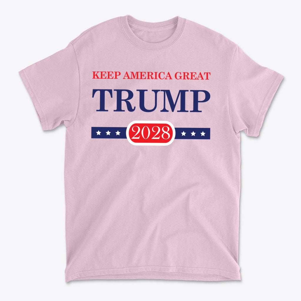 Support Trump Keep America 2028 graphic t-shirt in pink with patriotic design.