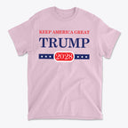 Support Trump Keep America 2028 graphic t-shirt in pink with patriotic design.