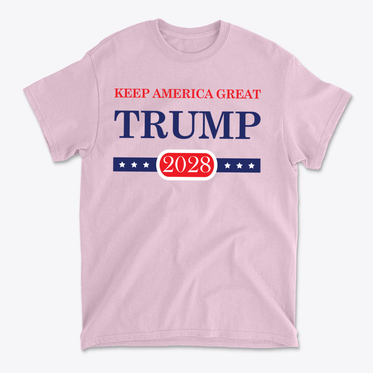 Support Trump Keep America 2028 graphic t-shirt in pink with patriotic design.