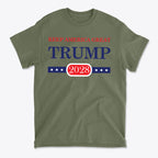 Support Trump Keep America 2028 graphic t-shirt in olive green color with patriotic designs.