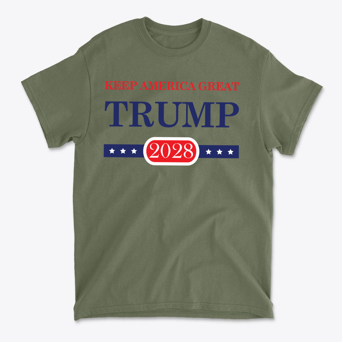 Support Trump Keep America 2028 graphic t-shirt in olive green color with patriotic designs.