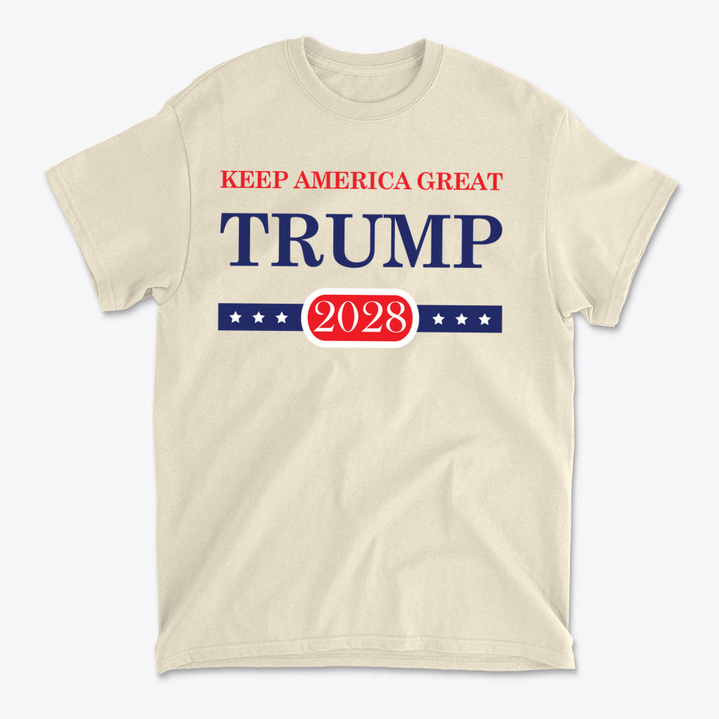 Support Trump Keep America 2028 graphic t-shirt featuring bold text and patriotic colors.