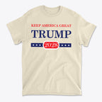 Support Trump Keep America 2028 graphic t-shirt featuring bold text and patriotic colors.