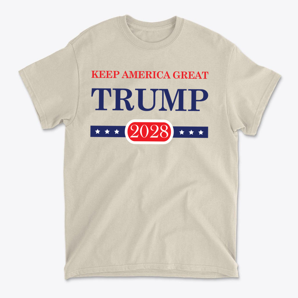 Support Trump Keep America 2028 premium graphic t-shirt featuring patriotic design in beige.