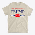 Support Trump Keep America 2028 premium graphic t-shirt featuring patriotic design in beige.