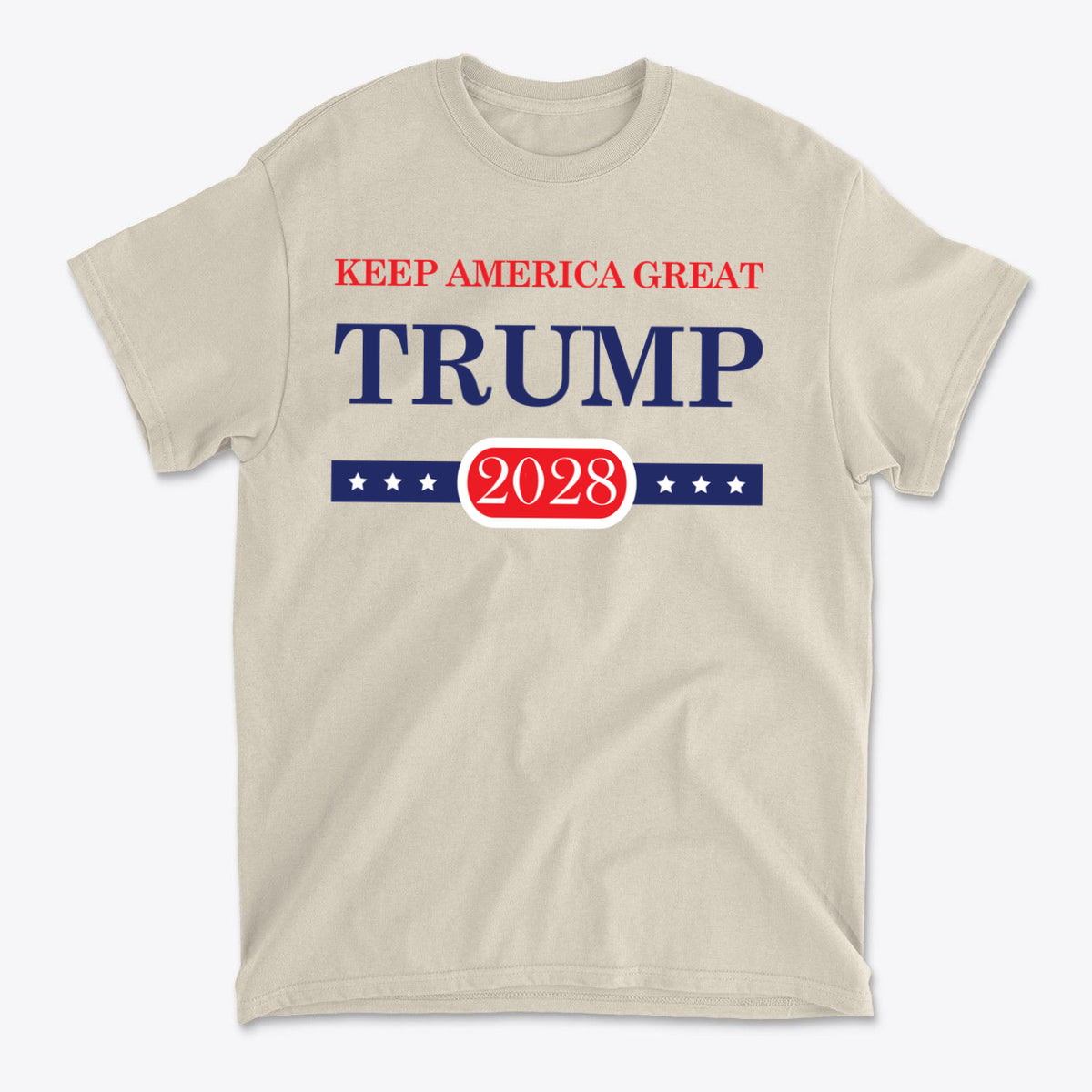 Support Trump Keep America 2028 premium graphic t-shirt featuring patriotic design in beige.