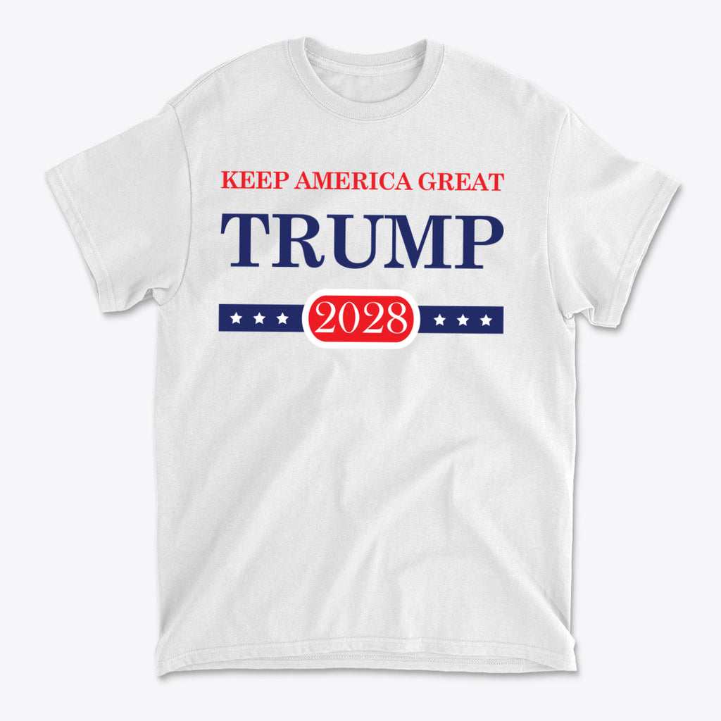 Support Trump Keep America 2028 graphic t-shirt featuring patriotic design in red, white, and blue colors.