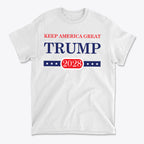 Support Trump Keep America 2028 graphic t-shirt featuring patriotic design in red, white, and blue colors.